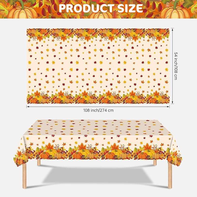 2 Pcs Thanksgiving Tablecloth Plastic - Disposable Fall Table Cloths, Autumn Rectangle Pumpkin Maple Leaf Table Cover for Happy Thanksgiving Day Tables Decorations Party Supplies Favors, 54x108 Inch - Image 3