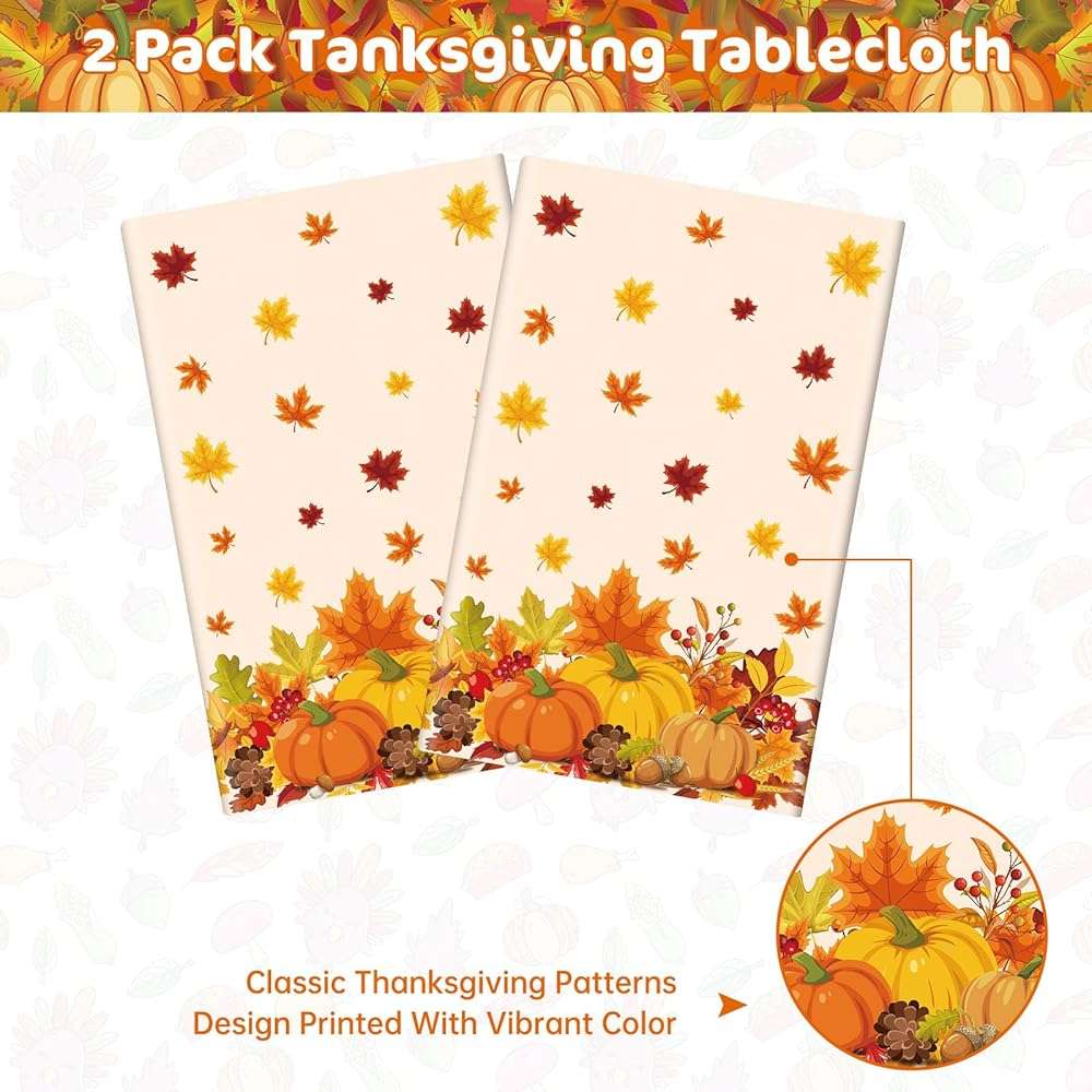 2 Pcs Thanksgiving Tablecloth Plastic - Disposable Fall Table Cloths, Autumn Rectangle Pumpkin Maple Leaf Table Cover for Happy Thanksgiving Day Tables Decorations Party Supplies Favors, 54x108 Inch - Image 4