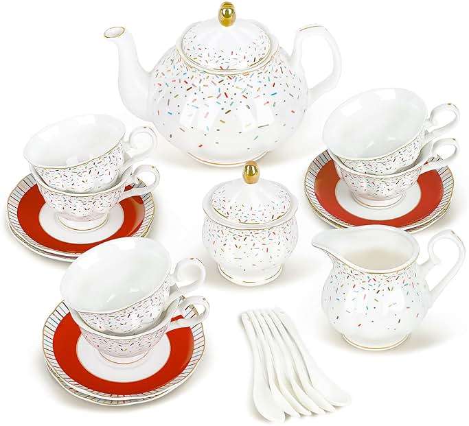 fanquare 21-Piece Colorful British Porcelain Tea Sets, 6 Cups and Saucers Set for Party, Rainbow Sprinkle Sugar Pattern Coffee Set for Adults, Birthday, Holiday, Celebrations - Image 1