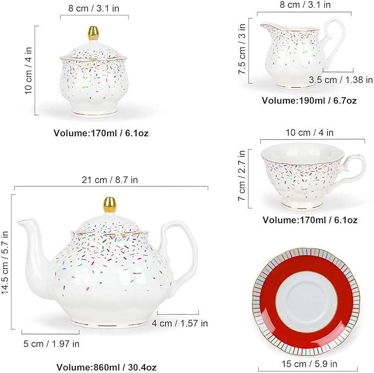 fanquare 21-Piece Colorful British Porcelain Tea Sets, 6 Cups and Saucers Set for Party, Rainbow Sprinkle Sugar Pattern Coffee Set for Adults, Birthday, Holiday, Celebrations - Image 3