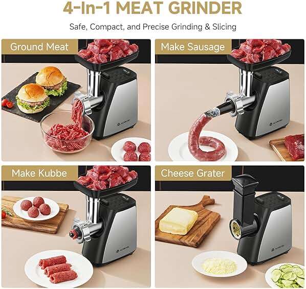 AAOBOSI Meat Grinder, 4-In-1 Meat Grinder Electric [2800W Max] with 3 Slice, Shred Blades,2 Blades,3 Plates,Sausage Stuffer,Kubbe Kit, for Home Kitchen Use, Stainless Steel - Image 3