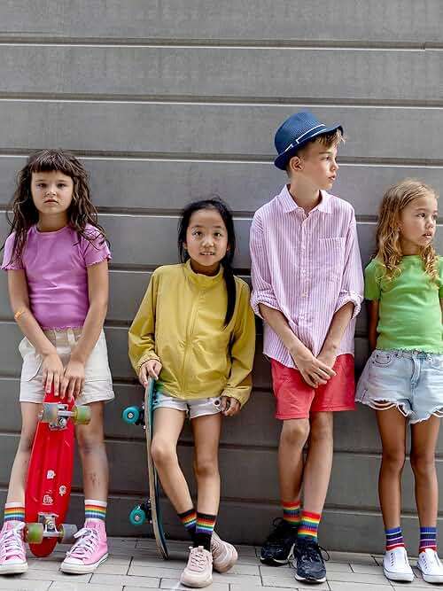Fourluoo 6 Pairs Kids Boys Crew Socks Kids Cotton Rainbow Stripe Calf Breathable Athletic Socks for Girls and Boys - Image 4