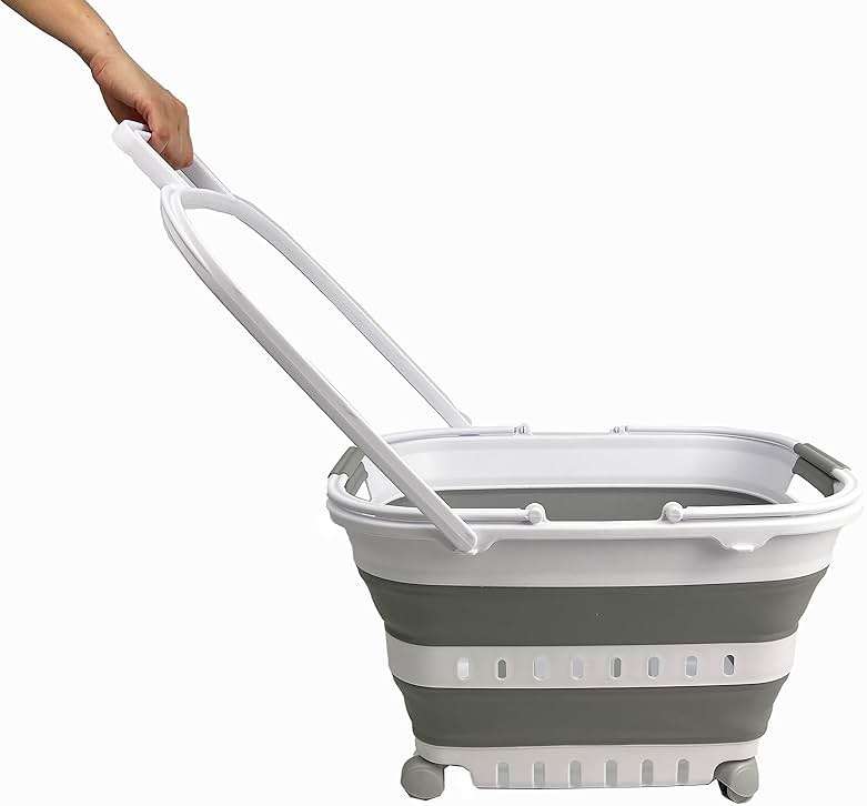 SAMMART 35L (9.24 Gallons) Collapsible Plastic Laundry Basket with Handle and Wheels - Foldable Pop Up Storage Container/Organizer with handle and wheels - Space Saving (1, White/Grey) - Image 1