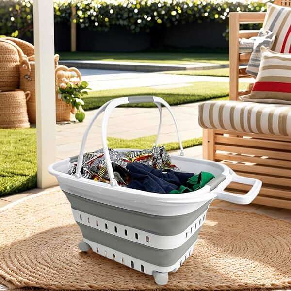 SAMMART 35L (9.24 Gallons) Collapsible Plastic Laundry Basket with Handle and Wheels - Foldable Pop Up Storage Container/Organizer with handle and wheels - Space Saving (1, White/Grey) - Image 2