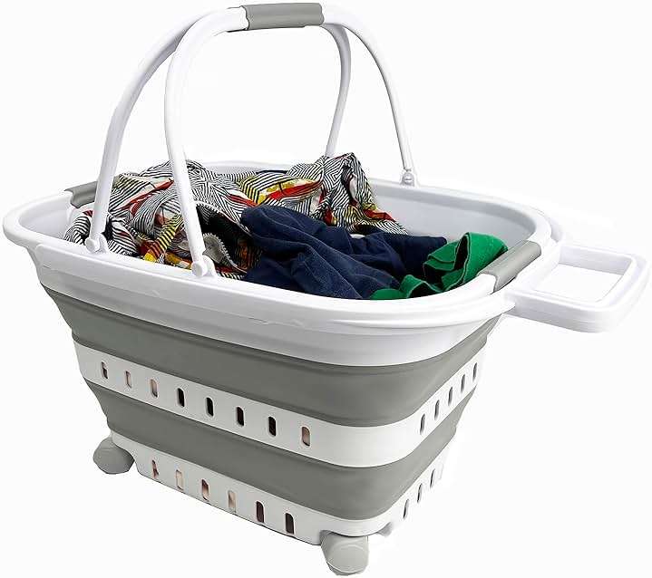 SAMMART 35L (9.24 Gallons) Collapsible Plastic Laundry Basket with Handle and Wheels - Foldable Pop Up Storage Container/Organizer with handle and wheels - Space Saving (1, White/Grey) - Image 5
