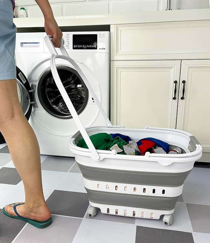 SAMMART 35L (9.24 Gallons) Collapsible Plastic Laundry Basket with Handle and Wheels - Foldable Pop Up Storage Container/Organizer with handle and wheels - Space Saving (1, White/Grey) - Image 7