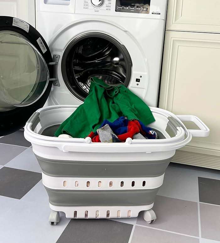 SAMMART 35L (9.24 Gallons) Collapsible Plastic Laundry Basket with Handle and Wheels - Foldable Pop Up Storage Container/Organizer with handle and wheels - Space Saving (1, White/Grey) - Image 8