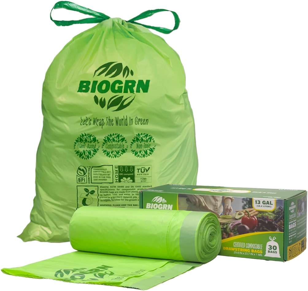 10-13 Gallon Compostable Trash Bags Drawstring 30 Bags Heavy Duty Extra Thick 1 Mil 49.21 Liter Biodegradable Trash Bags Compost Bags Green for Kitchen ASTM D6400 US BPI and OK Compost Home Certified - Image 1