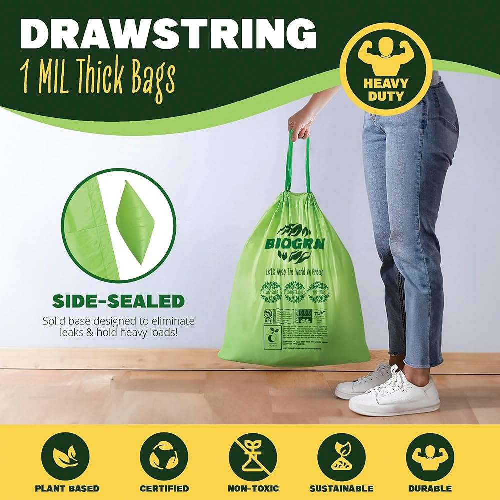 10-13 Gallon Compostable Trash Bags Drawstring 30 Bags Heavy Duty Extra Thick 1 Mil 49.21 Liter Biodegradable Trash Bags Compost Bags Green for Kitchen ASTM D6400 US BPI and OK Compost Home Certified - Image 3