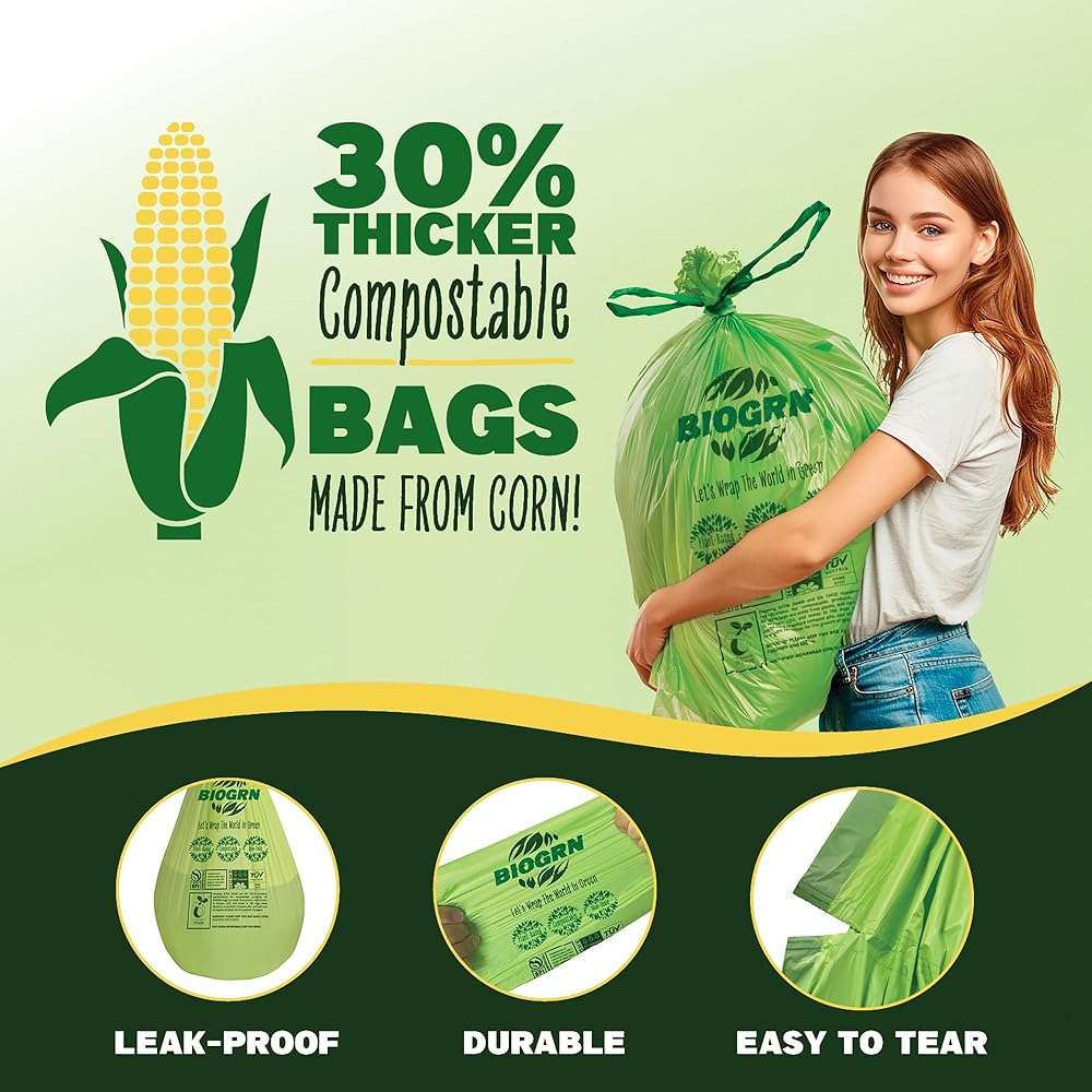 10-13 Gallon Compostable Trash Bags Drawstring 30 Bags Heavy Duty Extra Thick 1 Mil 49.21 Liter Biodegradable Trash Bags Compost Bags Green for Kitchen ASTM D6400 US BPI and OK Compost Home Certified - Image 4