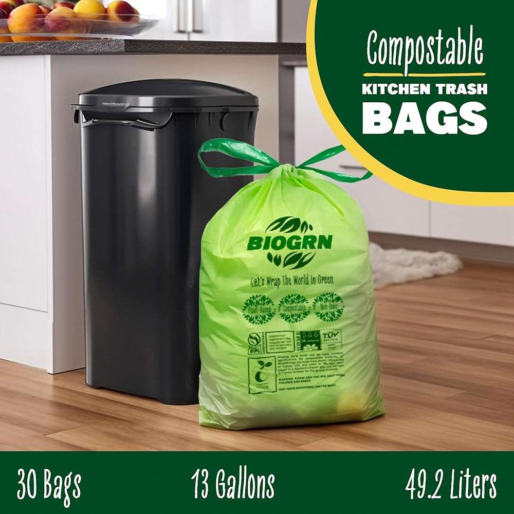 10-13 Gallon Compostable Trash Bags Drawstring 30 Bags Heavy Duty Extra Thick 1 Mil 49.21 Liter Biodegradable Trash Bags Compost Bags Green for Kitchen ASTM D6400 US BPI and OK Compost Home Certified - Image 8