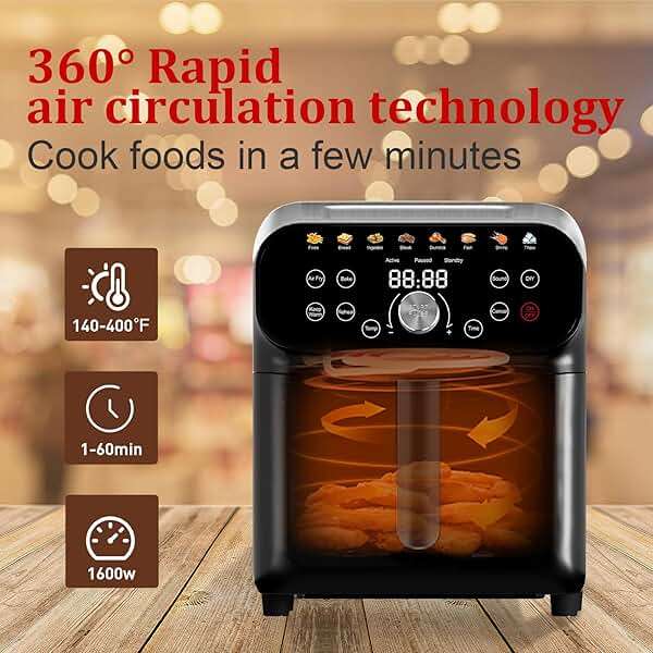 WHUTO 6QT Air Fryer Oven with LED Digital Touchscreen, 12 Preset Cooking Functions Air fryers, Bake, Reheat, Keep Warm, Nonstick and Dishwasher-Safe Basket, Stainless Steel/Black - Image 3