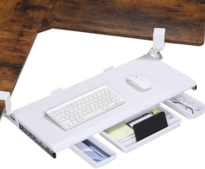 ETHU Keyboard Tray Under Desk, Ergonomic Corner Keyboard Tray with 180° Adjustable C Clamp for L Shape Desk 26.77" X 12.2" Easy to Install, Computer Keyboard Stand for Home and Office (White) - Image 1