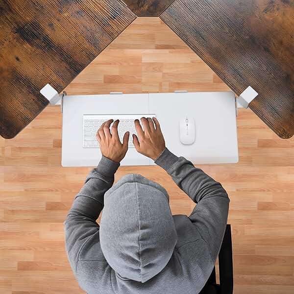 ETHU Keyboard Tray Under Desk, Ergonomic Corner Keyboard Tray with 180° Adjustable C Clamp for L Shape Desk 26.77" X 12.2" Easy to Install, Computer Keyboard Stand for Home and Office (White) - Image 2