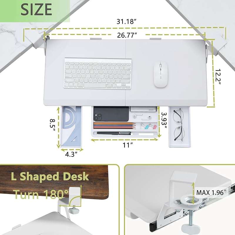 ETHU Keyboard Tray Under Desk, Ergonomic Corner Keyboard Tray with 180° Adjustable C Clamp for L Shape Desk 26.77" X 12.2" Easy to Install, Computer Keyboard Stand for Home and Office (White) - Image 3