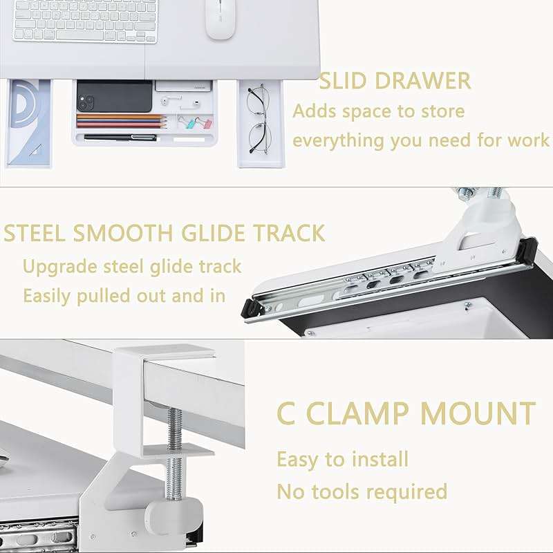 ETHU Keyboard Tray Under Desk, Ergonomic Corner Keyboard Tray with 180° Adjustable C Clamp for L Shape Desk 26.77" X 12.2" Easy to Install, Computer Keyboard Stand for Home and Office (White) - Image 4