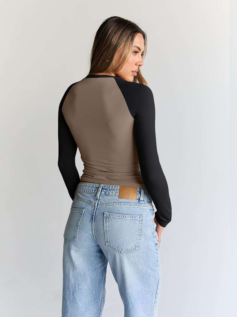 Trendy Queen Women's Long Sleeve Shirts Slim Fit Stretchy Color Block Slightly Cropped Tops - Image 4