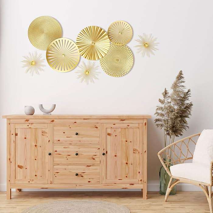 Lingvee 8 Pcs Gold Wall Decor Modern Metal Decor Metal Starbursts Radial Plate Art Hanging Decorative Wall Decorations for Home Bedroom Bathroom Living Room Office Sculpture(Gold) - Image 2