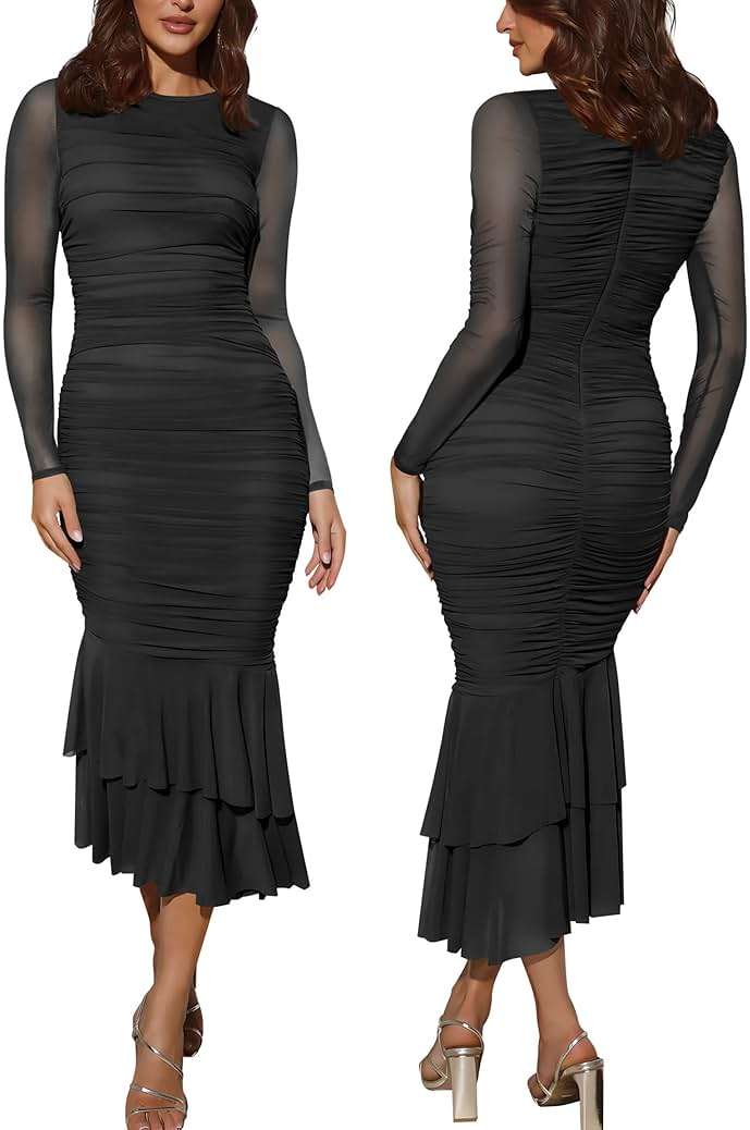 Atizon Elegant Ruched Bodycon Evening Dresses for Women Cocktail Party Formal Maxi Mermaid Dress - Image 3