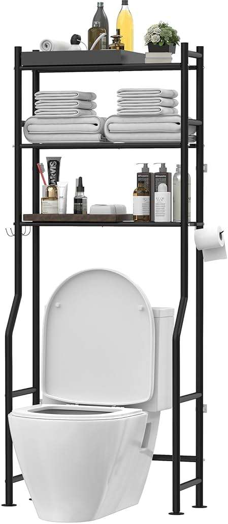 Livilord 3-Tier Over The Toilet Storage, Freestanding Metal Bathroom Shelves with 4 Hooks, Over Toilet Storage Shelf with Paper Holder, Above The Toilet Shelf for Bathroom Storage, Black - Image 1