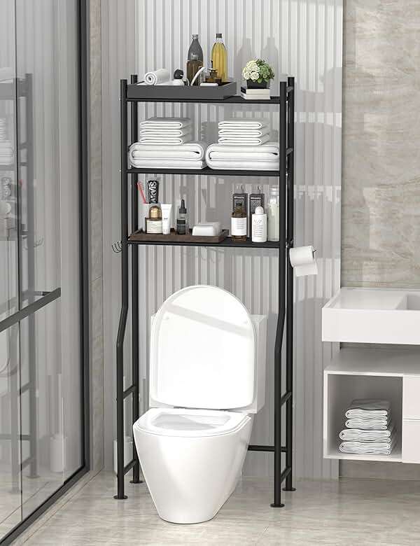 Livilord 3-Tier Over The Toilet Storage, Freestanding Metal Bathroom Shelves with 4 Hooks, Over Toilet Storage Shelf with Paper Holder, Above The Toilet Shelf for Bathroom Storage, Black - Image 2