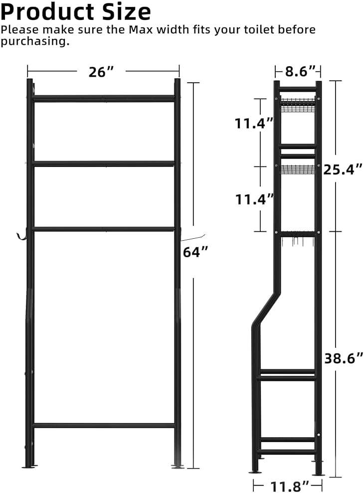 Livilord 3-Tier Over The Toilet Storage, Freestanding Metal Bathroom Shelves with 4 Hooks, Over Toilet Storage Shelf with Paper Holder, Above The Toilet Shelf for Bathroom Storage, Black - Image 3