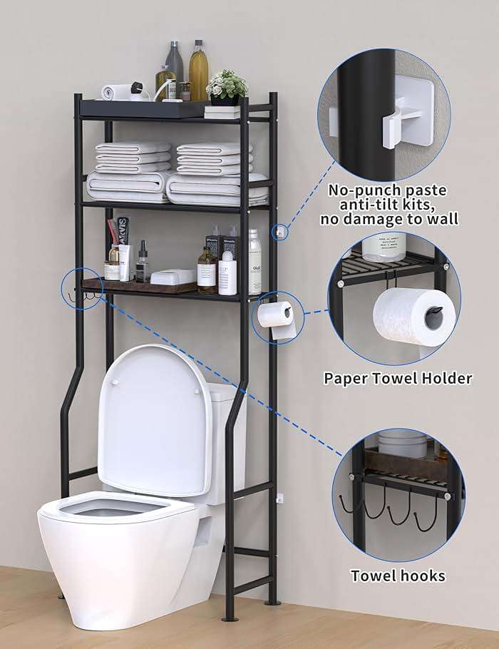 Livilord 3-Tier Over The Toilet Storage, Freestanding Metal Bathroom Shelves with 4 Hooks, Over Toilet Storage Shelf with Paper Holder, Above The Toilet Shelf for Bathroom Storage, Black - Image 5