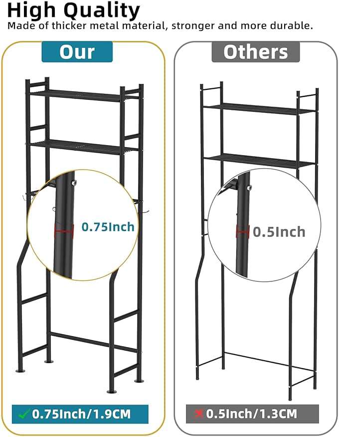 Livilord 3-Tier Over The Toilet Storage, Freestanding Metal Bathroom Shelves with 4 Hooks, Over Toilet Storage Shelf with Paper Holder, Above The Toilet Shelf for Bathroom Storage, Black - Image 6