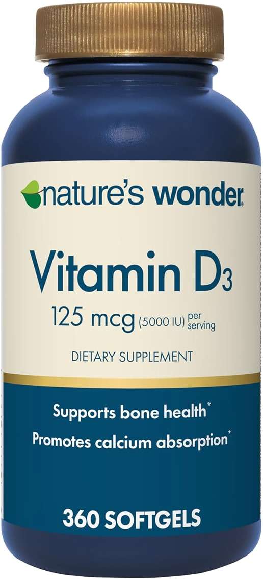 Nature's Wonder Vitamin D3 5000iu (125mcg) High Potency, Dietary Supplement to Support Bone Health and Immune System, Gluten Free, 360 Softgels, 1 Year Supply - Image 1