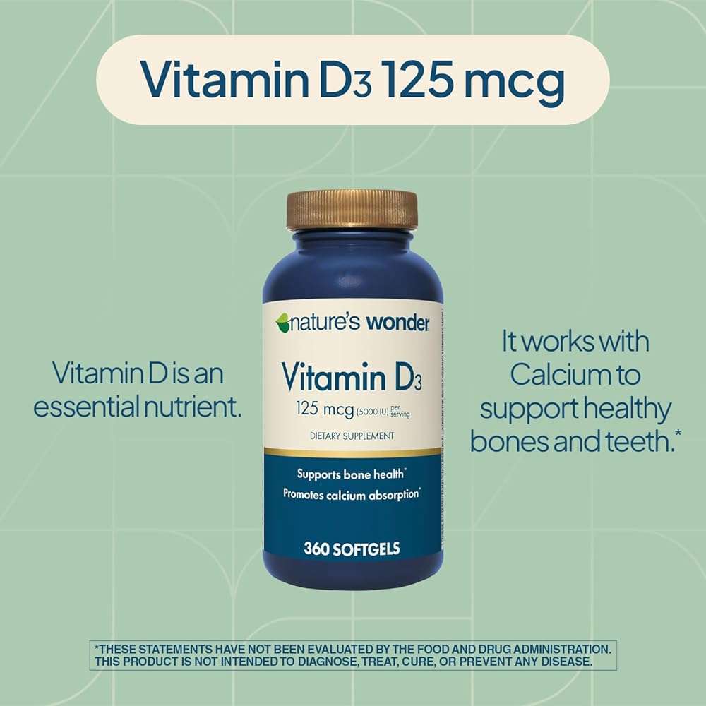 Nature's Wonder Vitamin D3 5000iu (125mcg) High Potency, Dietary Supplement to Support Bone Health and Immune System, Gluten Free, 360 Softgels, 1 Year Supply - Image 3