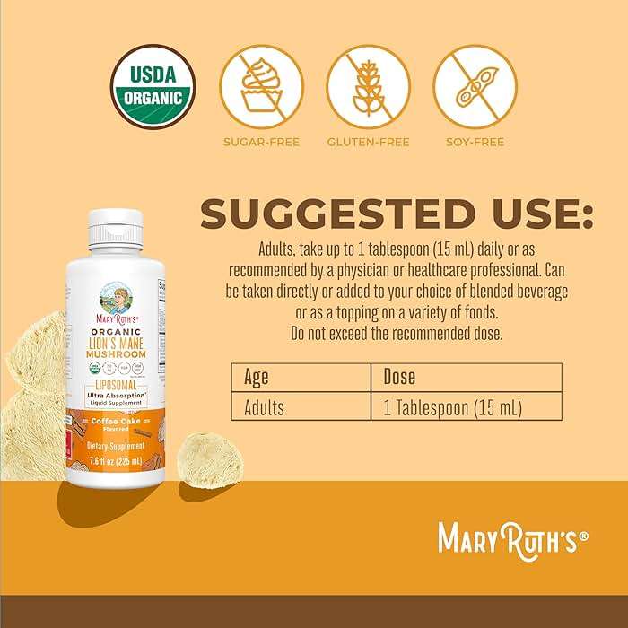 Organic Lions Mane Supplement by MaryRuth's | Ultra Absorption Liposomal | Full Spectrum Lion's Mane Mushroom | 200mg Beta-Glucans Per Serving | USDA Organic | Vegan | 7.6 oz | 15 Servings - Image 3