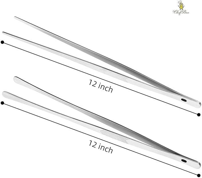 ChefBee Kitchen Cooking Tongs Tweezers - 2PCS 12" Stainless Steel Kitchen Utensils, Metal Fine Tweezers Tongs with Precision Serrated Tips for Chef, Serving Food, Grill, Culinary, Pasta, Salad, BBQ - Image 3