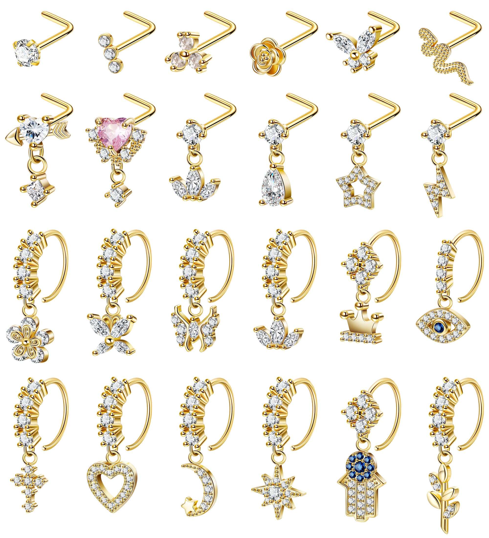 LOAYHOAY 24Pcs 20G Surgical Steel Dangle Nose Ring for Women L Shaped Dangling Nose Stud Dainty Nose Hoop Set CZ Flower Leaf Heart Moon Star Butterfly Dangle Nose Piercing Jewelry - Image 1