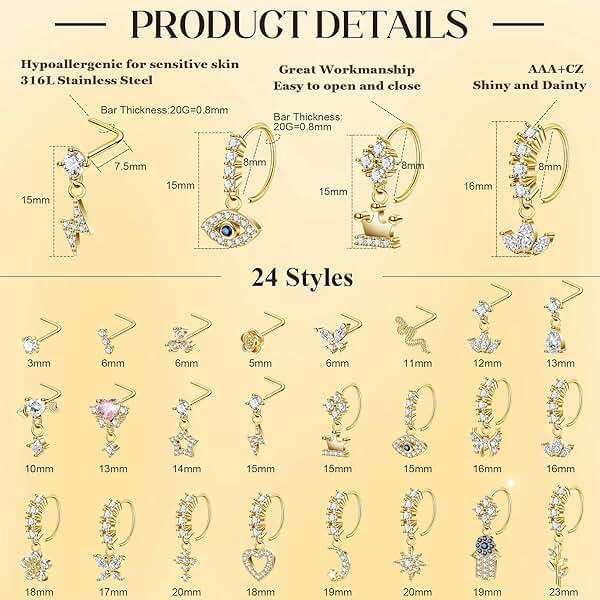 LOAYHOAY 24Pcs 20G Surgical Steel Dangle Nose Ring for Women L Shaped Dangling Nose Stud Dainty Nose Hoop Set CZ Flower Leaf Heart Moon Star Butterfly Dangle Nose Piercing Jewelry - Image 2