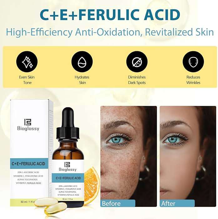 Bioglossy Vitamin CE Ferulic Acid Serum 20% Vitamin C Serum + Vitamin E & Hyaluronic Acid - Skin Moisturizer Face Dark Spot Corrector and Anti Aging 30ml / 1 fl.oz - Image 3