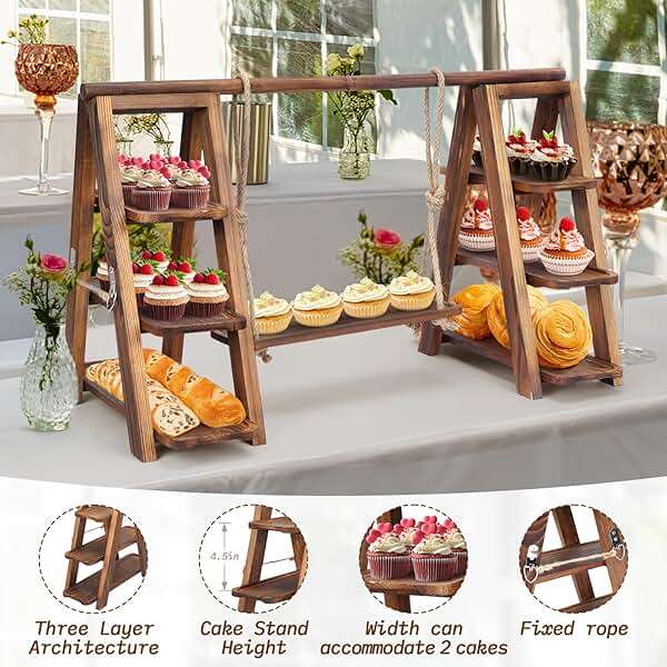 bimiti 3 Tier Serving Tray - Wooden Cupcake Stand, Cupcake Display Stand, Solid Wood Dark Walnut Dessert Rack for Wedding, Home Decor, Serving Cake, Snack, Fruit & Bread Centerpiece - Image 5