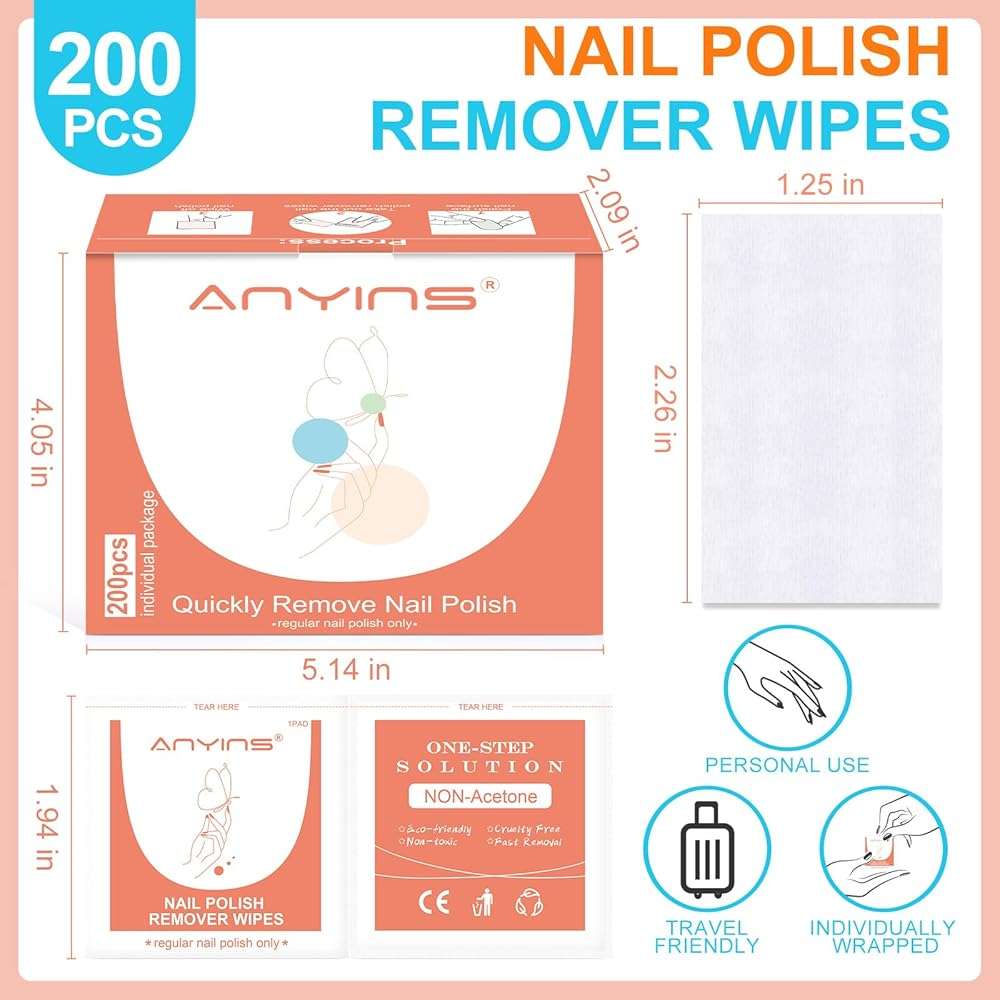 ANYINS Nail Polish Remover Pads，200PCS Fast Remove Nail Polish Remover Wipes with Nutrition Oil Individually Wrapped Professional Nail Salon and Home Use - Image 2