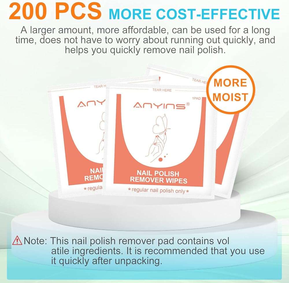ANYINS Nail Polish Remover Pads，200PCS Fast Remove Nail Polish Remover Wipes with Nutrition Oil Individually Wrapped Professional Nail Salon and Home Use - Image 5