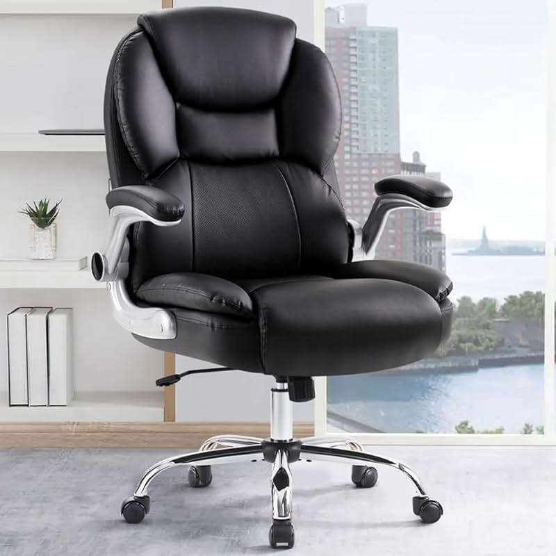 IWMH Executive Office Chair, Ergonomic Big and Tall Computer Desk Chair, High Back PU Leather Chair with Padded Flip-up Armrest, Lumbar Support Swivel Rolling Chairs Black - Image 1