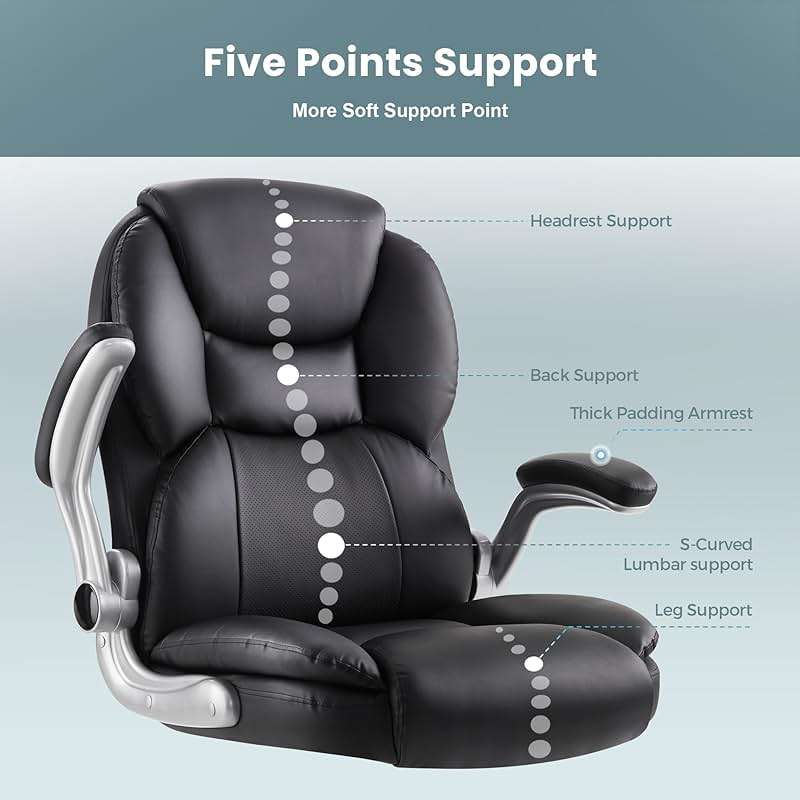 IWMH Executive Office Chair, Ergonomic Big and Tall Computer Desk Chair, High Back PU Leather Chair with Padded Flip-up Armrest, Lumbar Support Swivel Rolling Chairs Black - Image 4