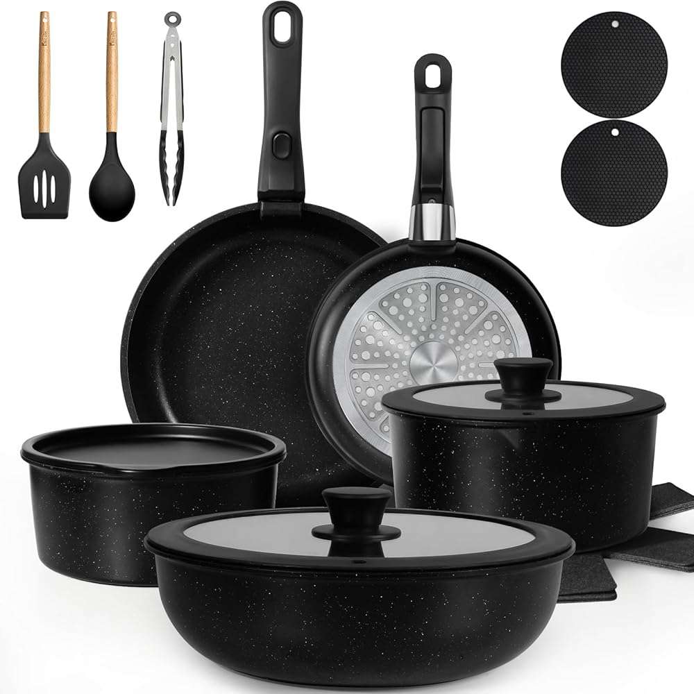 Nonstick Pots and Pans Set - 20 Pack KIKCOIN Stackable Cookware Set with Detachable Handle, RV Kitchen Cooking Set with Removable Handles - Oven Safe, Induction Ready (Black) - Image 1