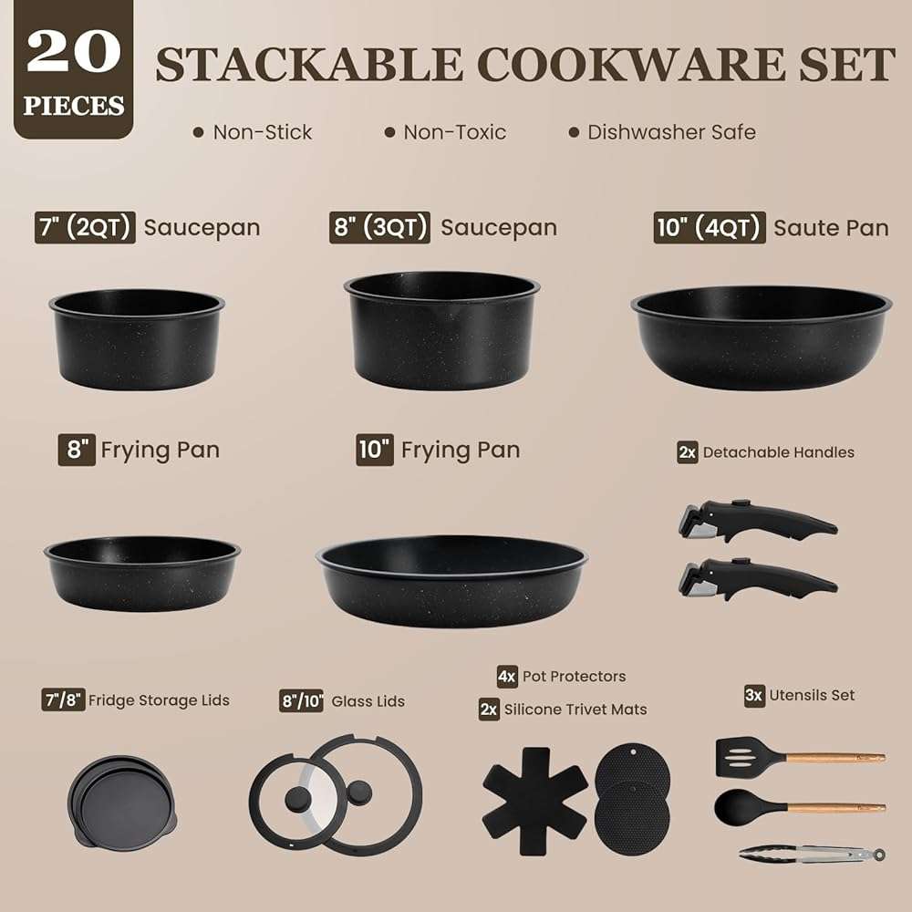 Nonstick Pots and Pans Set - 20 Pack KIKCOIN Stackable Cookware Set with Detachable Handle, RV Kitchen Cooking Set with Removable Handles - Oven Safe, Induction Ready (Black) - Image 2