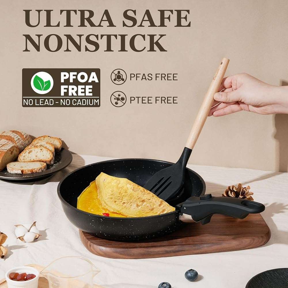 Nonstick Pots and Pans Set - 20 Pack KIKCOIN Stackable Cookware Set with Detachable Handle, RV Kitchen Cooking Set with Removable Handles - Oven Safe, Induction Ready (Black) - Image 3