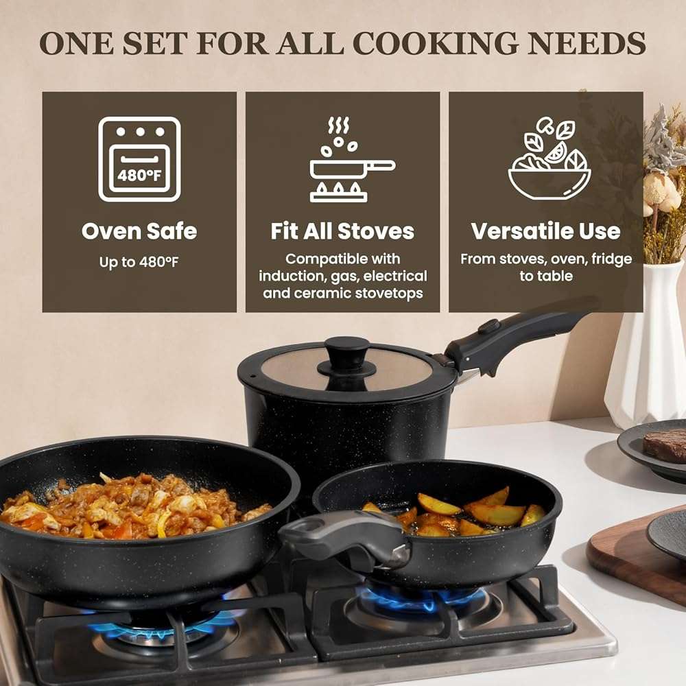 Nonstick Pots and Pans Set - 20 Pack KIKCOIN Stackable Cookware Set with Detachable Handle, RV Kitchen Cooking Set with Removable Handles - Oven Safe, Induction Ready (Black) - Image 4
