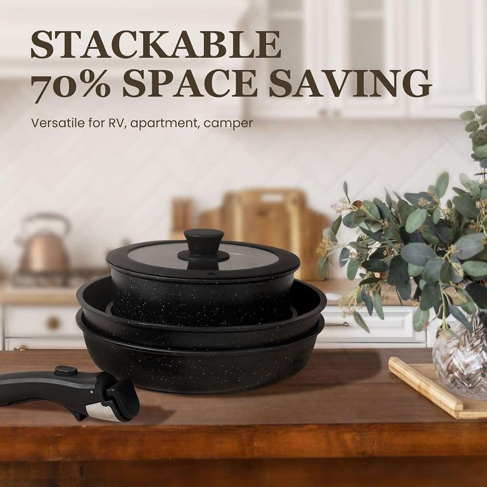 Nonstick Pots and Pans Set - 20 Pack KIKCOIN Stackable Cookware Set with Detachable Handle, RV Kitchen Cooking Set with Removable Handles - Oven Safe, Induction Ready (Black) - Image 7