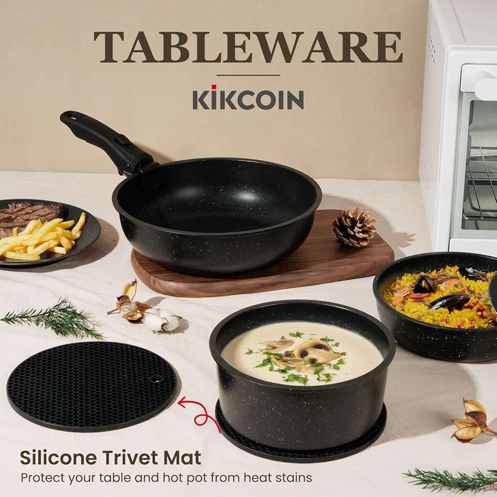 Nonstick Pots and Pans Set - 20 Pack KIKCOIN Stackable Cookware Set with Detachable Handle, RV Kitchen Cooking Set with Removable Handles - Oven Safe, Induction Ready (Black) - Image 8