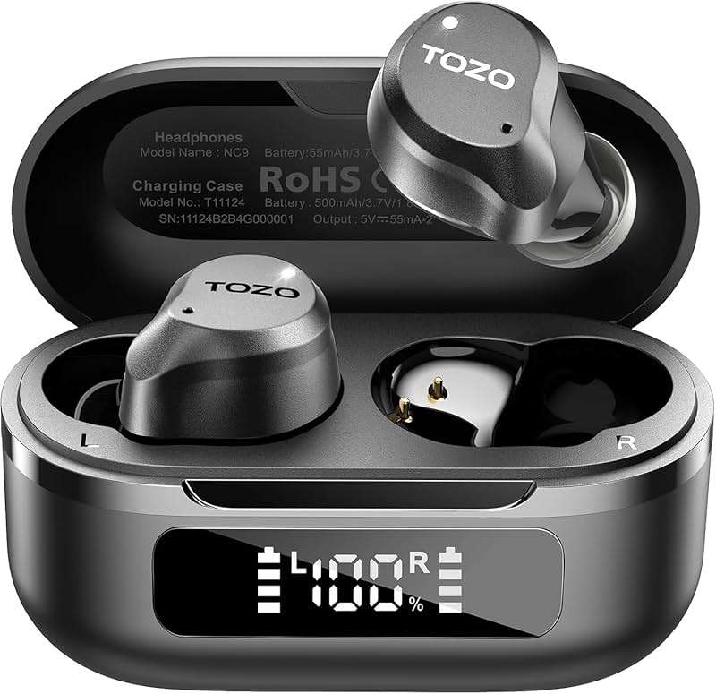 TOZO NC9 Hybrid Active Noise Cancelling Wireless Earbuds, 6 Mics ENC Clear Call, IPX8 Waterproof, in Ear Bluetooth 5.3 Headphones Stereo Bass Ear Buds 60H Playtime with LED Display 32 EQs via APP - Image 1