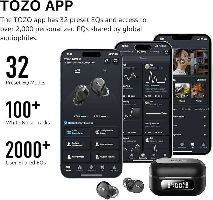TOZO NC9 Hybrid Active Noise Cancelling Wireless Earbuds, 6 Mics ENC Clear Call, IPX8 Waterproof, in Ear Bluetooth 5.3 Headphones Stereo Bass Ear Buds 60H Playtime with LED Display 32 EQs via APP - Image 2