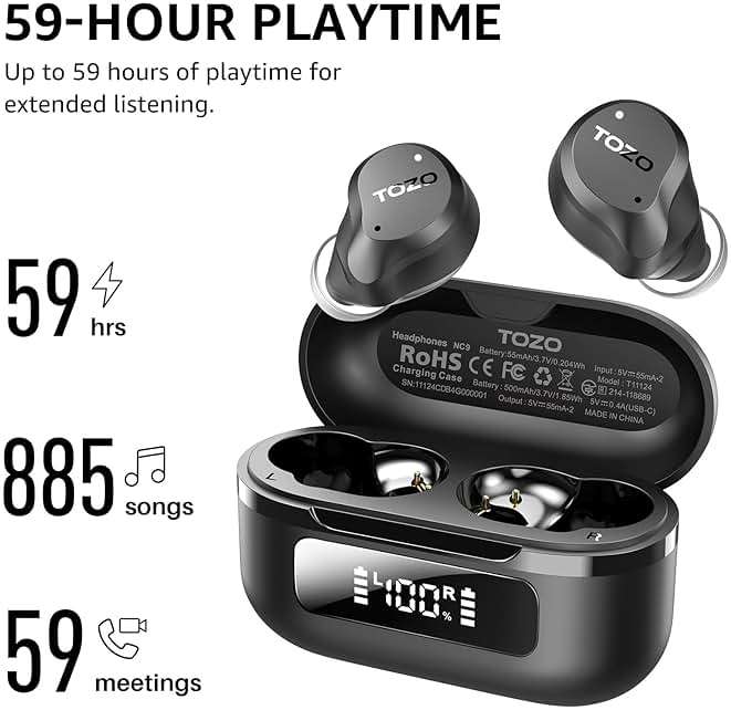 TOZO NC9 Hybrid Active Noise Cancelling Wireless Earbuds, 6 Mics ENC Clear Call, IPX8 Waterproof, in Ear Bluetooth 5.3 Headphones Stereo Bass Ear Buds 60H Playtime with LED Display 32 EQs via APP - Image 3