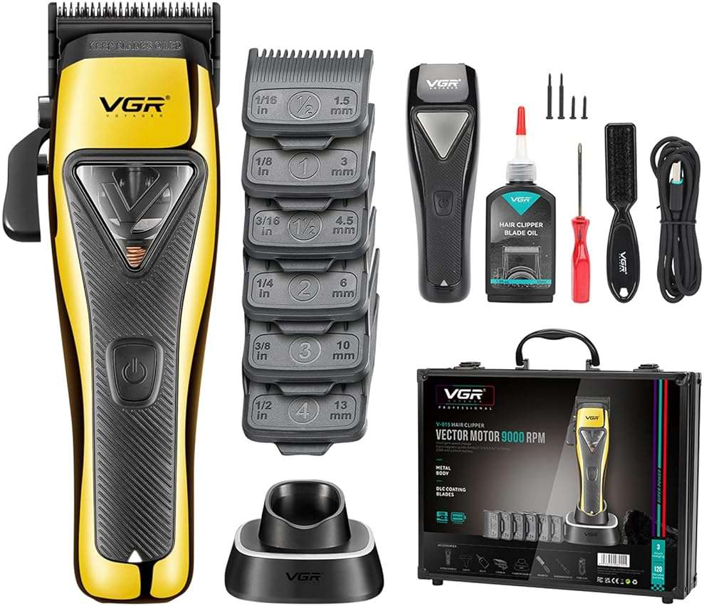 VGR 015 Professional Cordless Hair Clippers for Men, 9000 RPM Vector Motor Hair Trimmer DLC-Blade Barber Clipper for Hair Cutting with Metal Body, 1 Modular Lid in Black, Travel Case - Image 1